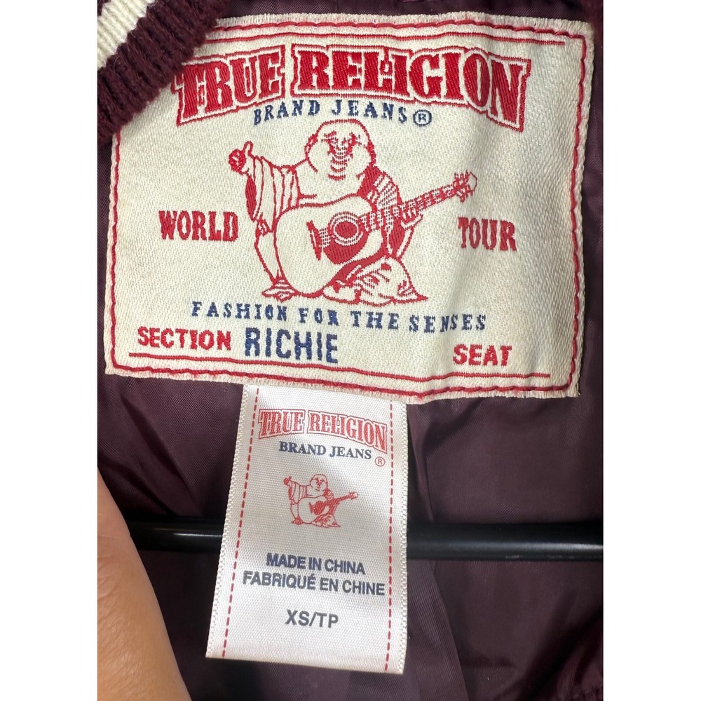 True Religion Richie Varsity Jacket Burgundy Leather Wool Letterman Mens XS - Picture 3 of 6